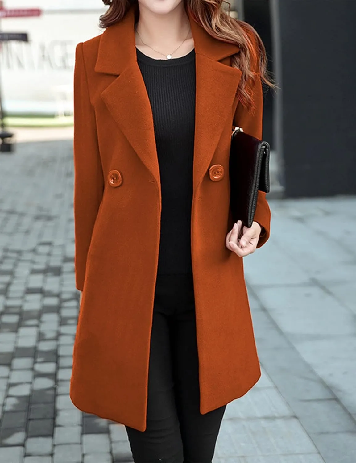 Tanming Womens Elegant Notched Collar Button Wool Blend Solid Long Pea Coat Overcoat