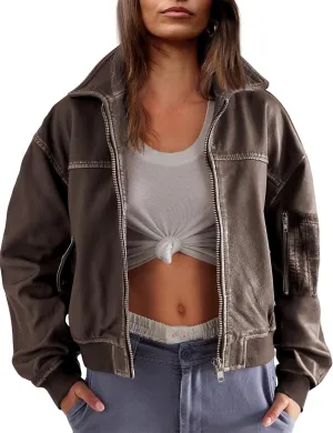 Tanming Womens Leather Jacket Fall Fashion Motorcycle Biker Bomber Jacket Zip Up Winter Coat Outerwear