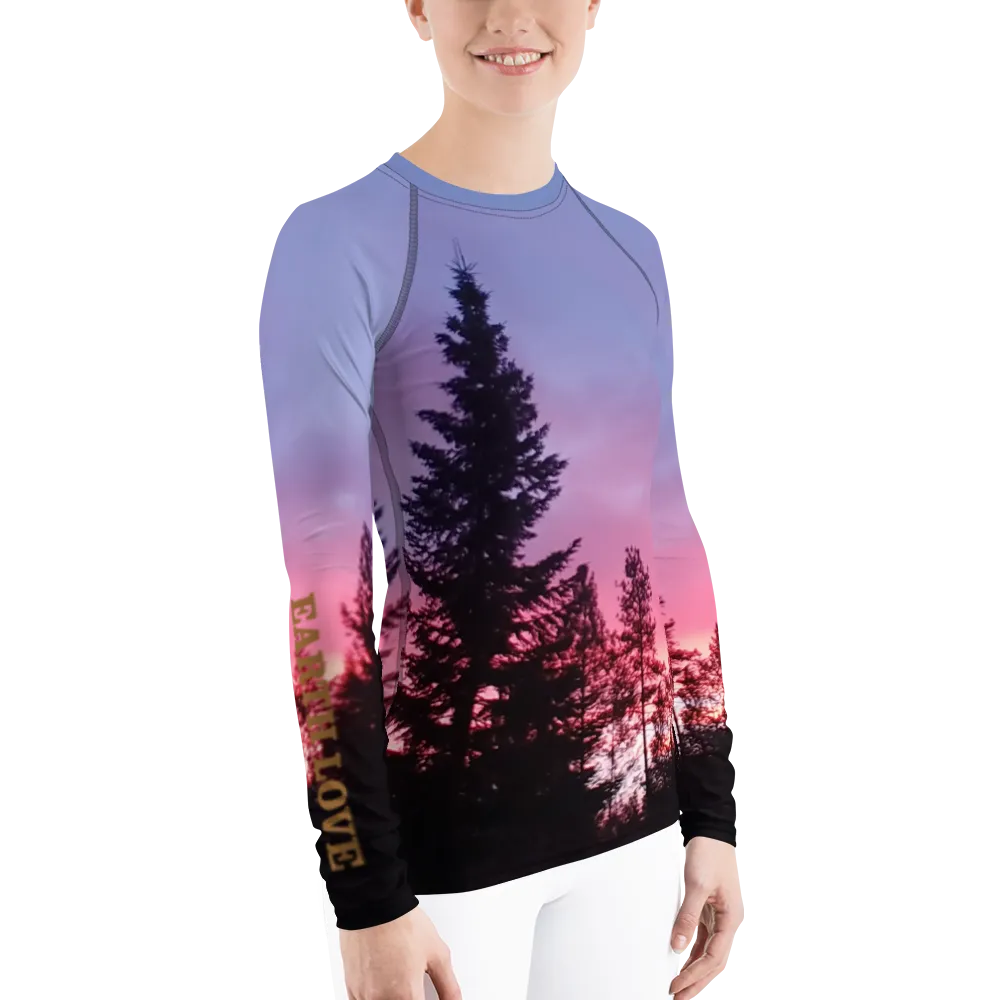 The EARTH LOVE Collection - "Sunset Silhouettes" Design Luxurious Women's Rash Guard, Sun Protective Clothing, Sports & Fitness Clothing