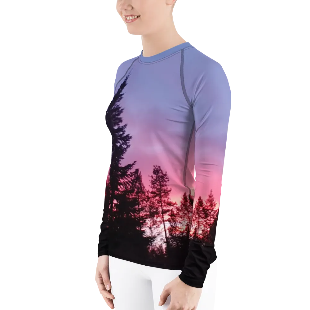 The EARTH LOVE Collection - "Sunset Silhouettes" Design Luxurious Women's Rash Guard, Sun Protective Clothing, Sports & Fitness Clothing