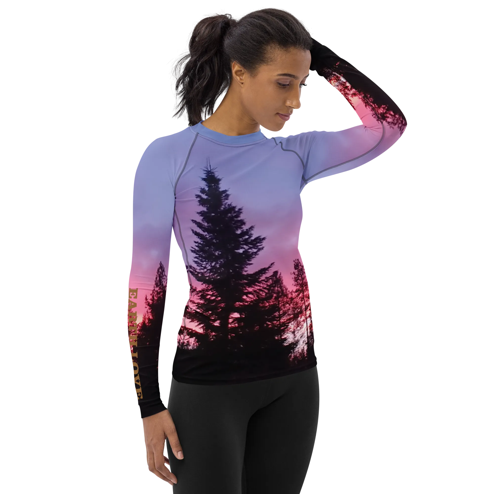 The EARTH LOVE Collection - "Sunset Silhouettes" Design Luxurious Women's Rash Guard, Sun Protective Clothing, Sports & Fitness Clothing