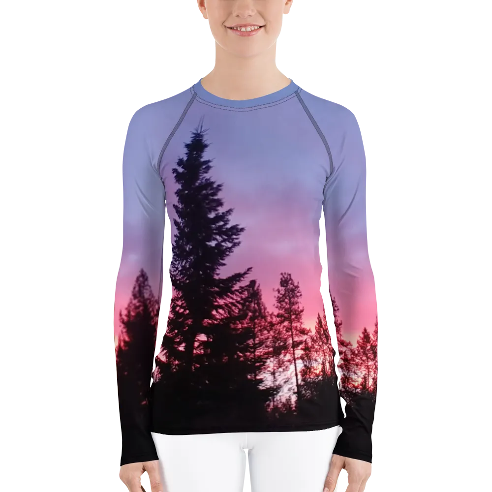 The EARTH LOVE Collection - "Sunset Silhouettes" Design Luxurious Women's Rash Guard, Sun Protective Clothing, Sports & Fitness Clothing