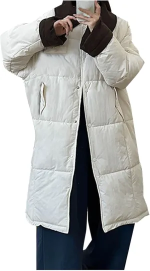 Thicken Down Coats Parka for Women Lapel Collar Warm Puffer Coat Button Down Trendy Winter Overcoat Quilted Jackets