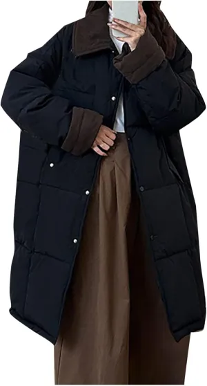 Thicken Down Coats Parka for Women Lapel Collar Warm Puffer Coat Button Down Trendy Winter Overcoat Quilted Jackets