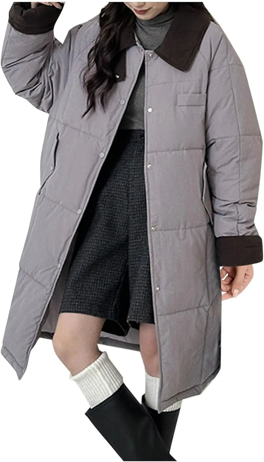Thicken Down Coats Parka for Women Lapel Collar Warm Puffer Coat Button Down Trendy Winter Overcoat Quilted Jackets