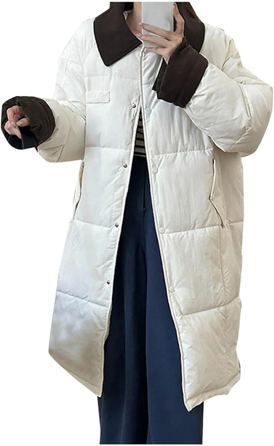 Thicken Down Coats Parka for Women Lapel Collar Warm Puffer Coat Button Down Trendy Winter Overcoat Quilted Jackets