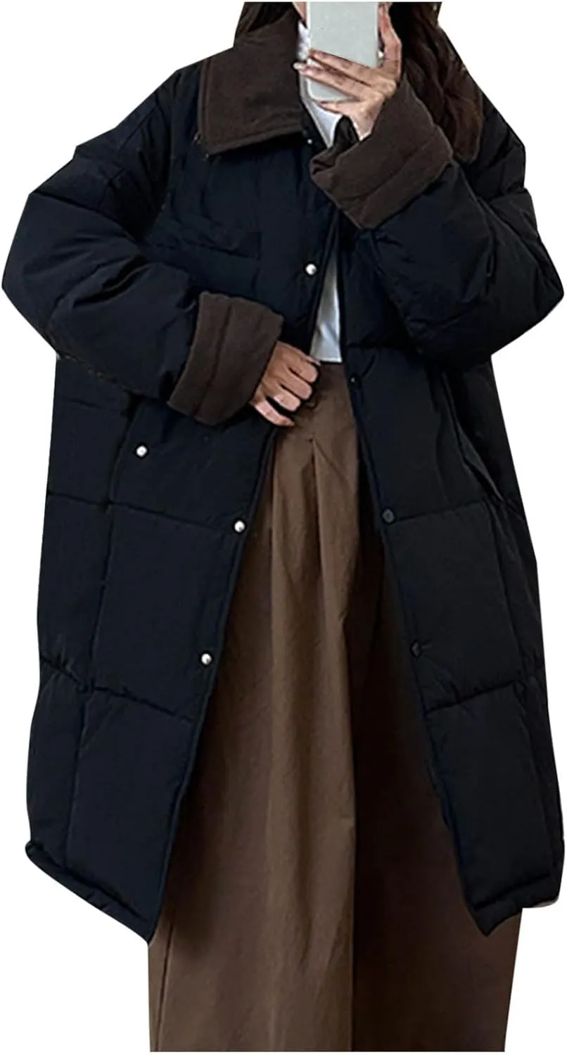 Thicken Down Coats Parka for Women Lapel Collar Warm Puffer Coat Button Down Trendy Winter Overcoat Quilted Jackets