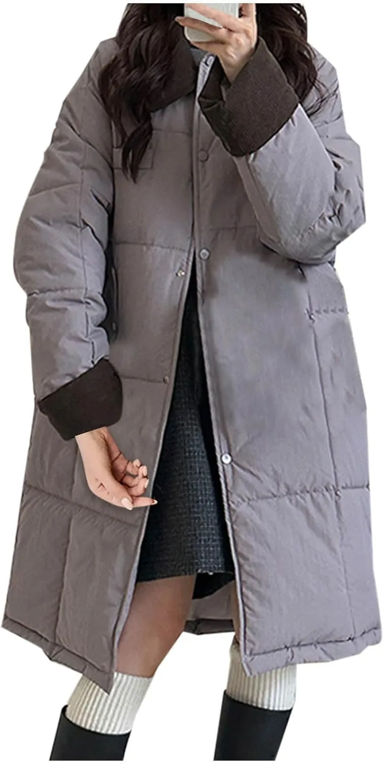 Thicken Down Coats Parka for Women Lapel Collar Warm Puffer Coat Button Down Trendy Winter Overcoat Quilted Jackets