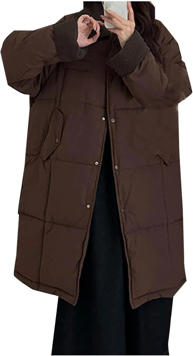 Thicken Down Coats Parka for Women Lapel Collar Warm Puffer Coat Button Down Trendy Winter Overcoat Quilted Jackets
