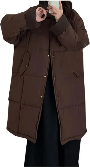 Thicken Down Coats Parka for Women Lapel Collar Warm Puffer Coat Button Down Trendy Winter Overcoat Quilted Jackets