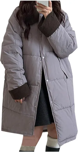 Thicken Down Coats Parka for Women Lapel Collar Warm Puffer Coat Button Down Trendy Winter Overcoat Quilted Jackets