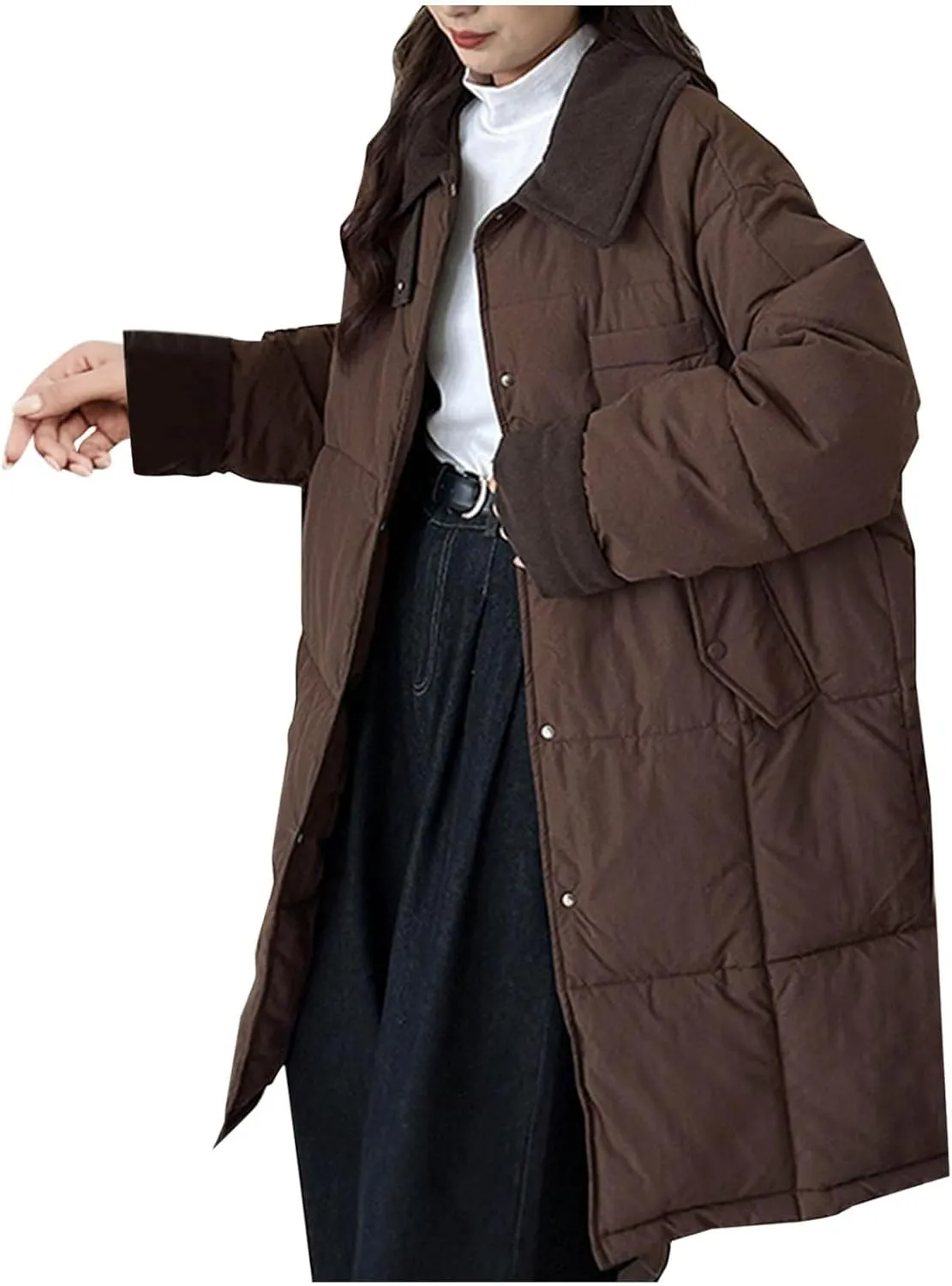 Thicken Down Coats Parka for Women Lapel Collar Warm Puffer Coat Button Down Trendy Winter Overcoat Quilted Jackets