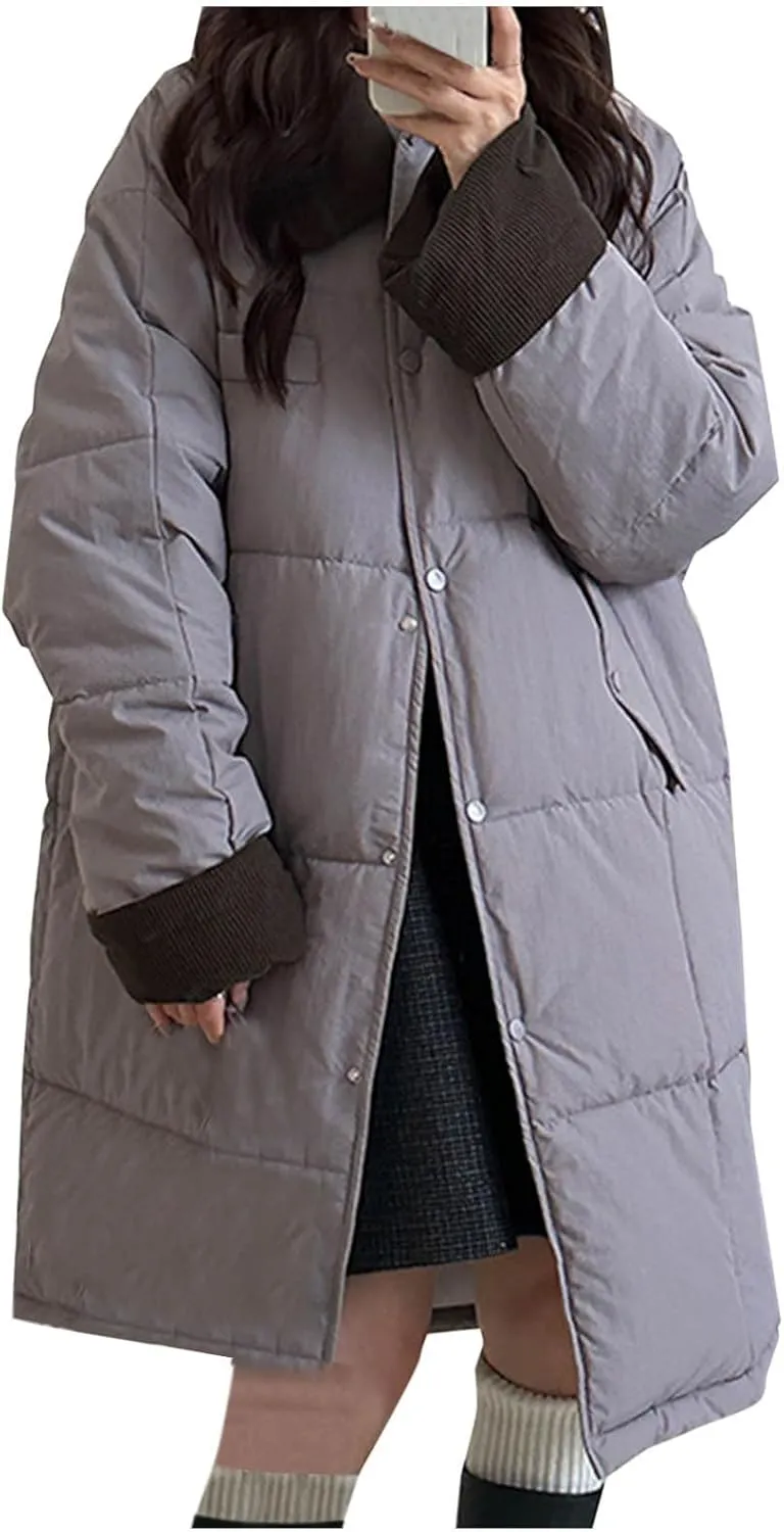 Thicken Down Coats Parka for Women Lapel Collar Warm Puffer Coat Button Down Trendy Winter Overcoat Quilted Jackets