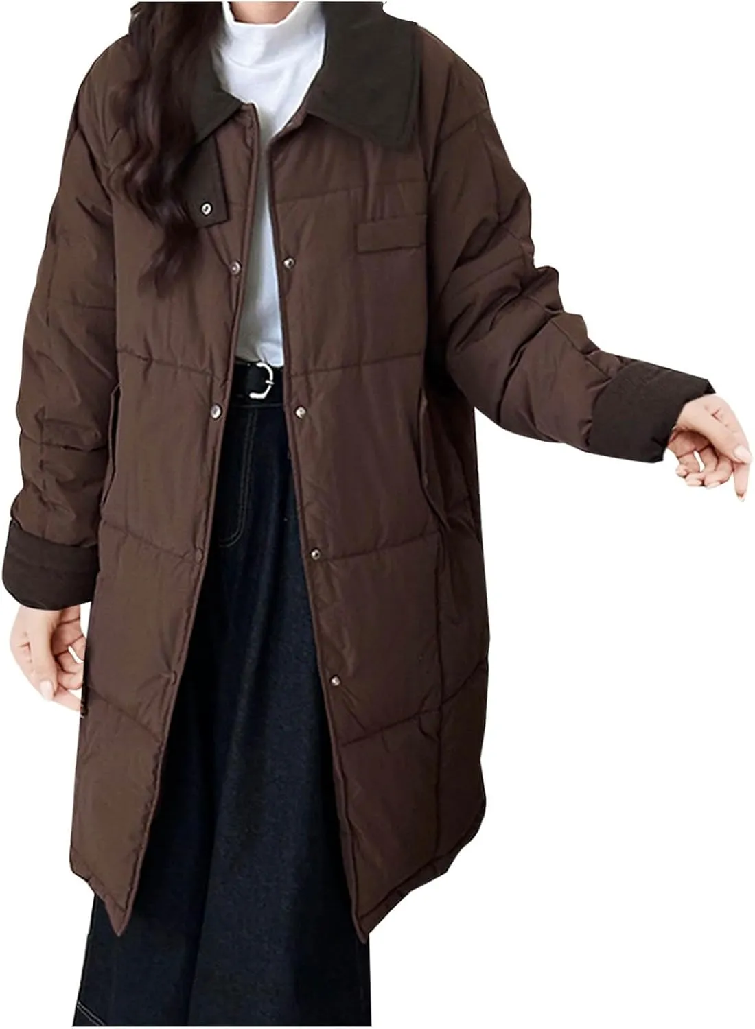 Thicken Down Coats Parka for Women Lapel Collar Warm Puffer Coat Button Down Trendy Winter Overcoat Quilted Jackets
