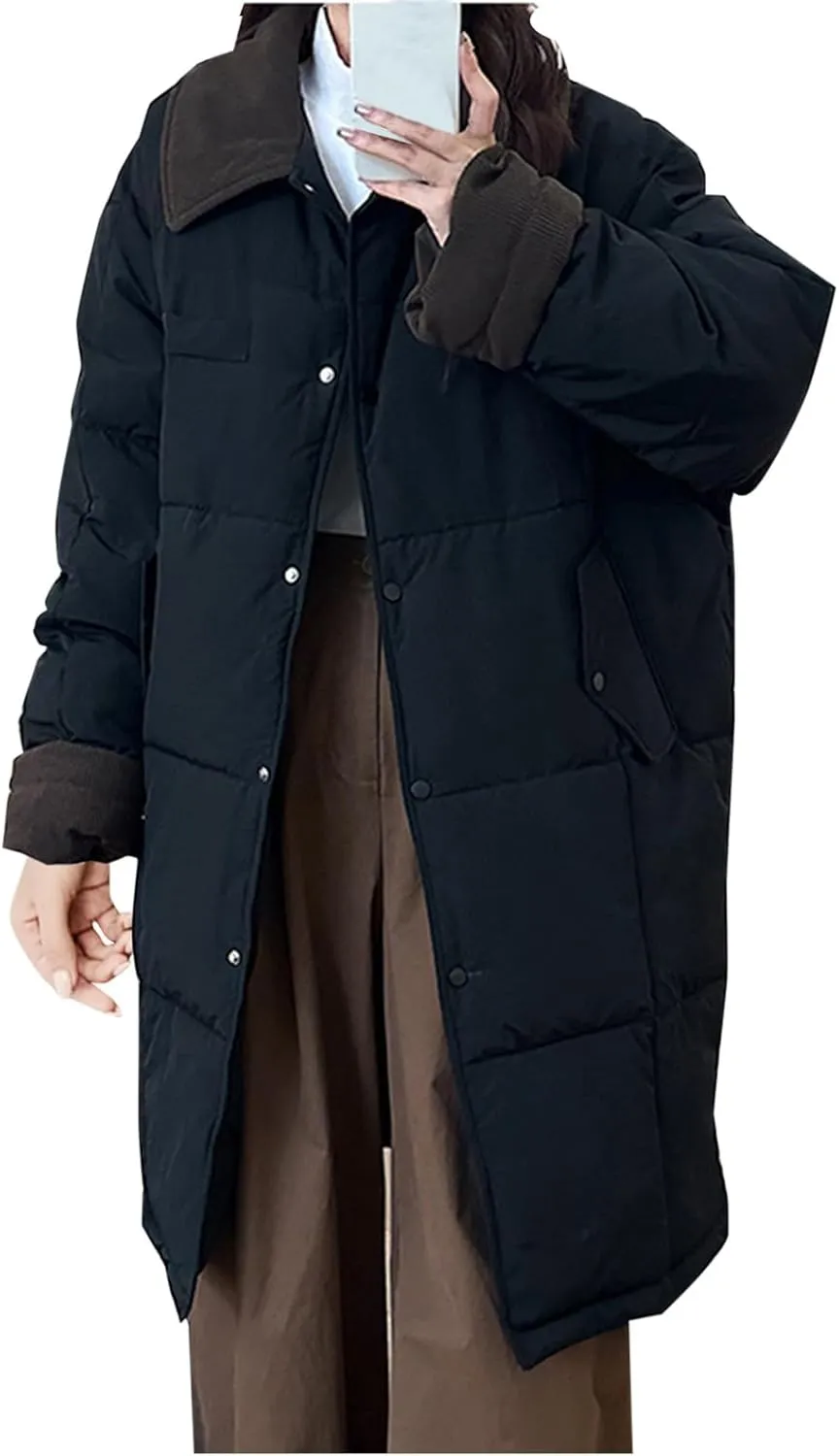 Thicken Down Coats Parka for Women Lapel Collar Warm Puffer Coat Button Down Trendy Winter Overcoat Quilted Jackets