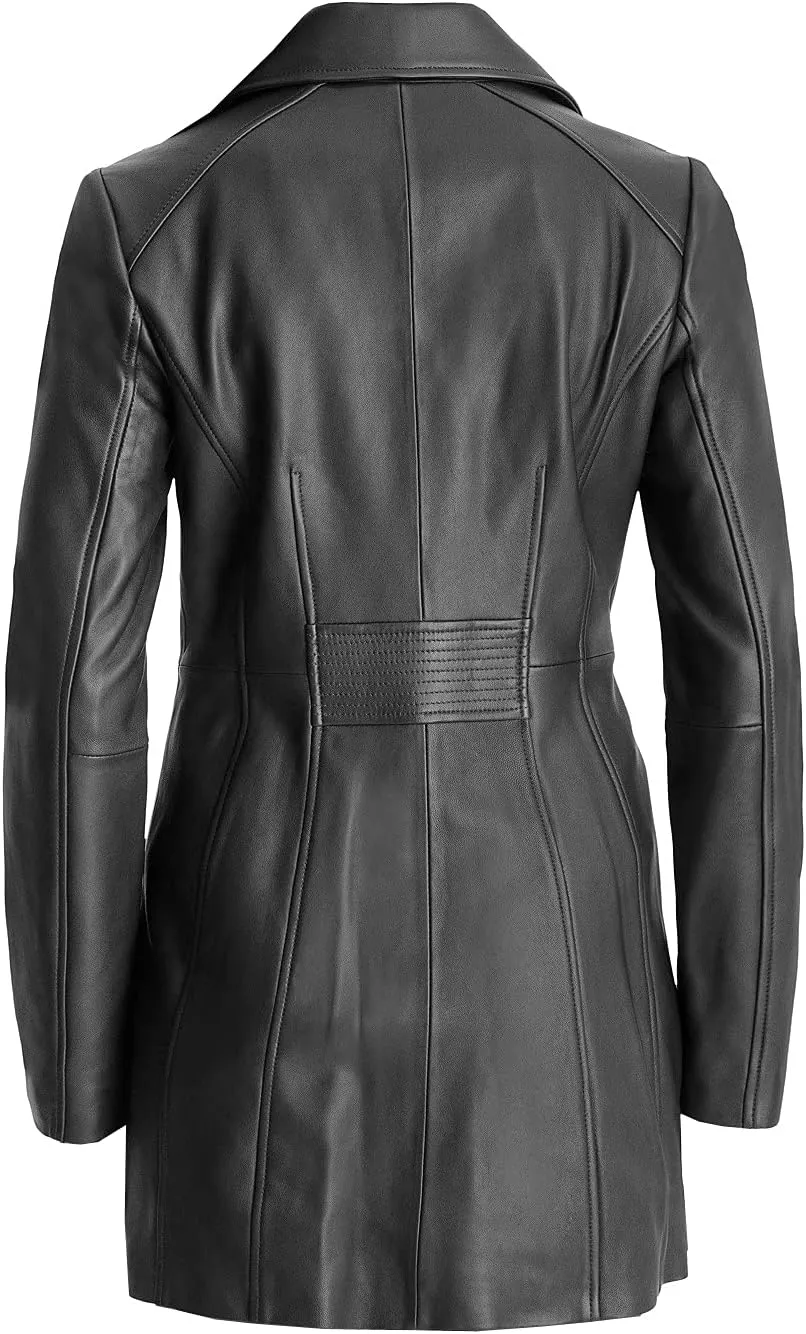 TIPTOP Trench Leather Coat For Women Genuine Leather 3-Button Long Coat Black and Brown