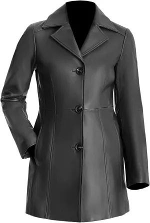 TIPTOP Trench Leather Coat For Women Genuine Leather 3-Button Long Coat Black and Brown