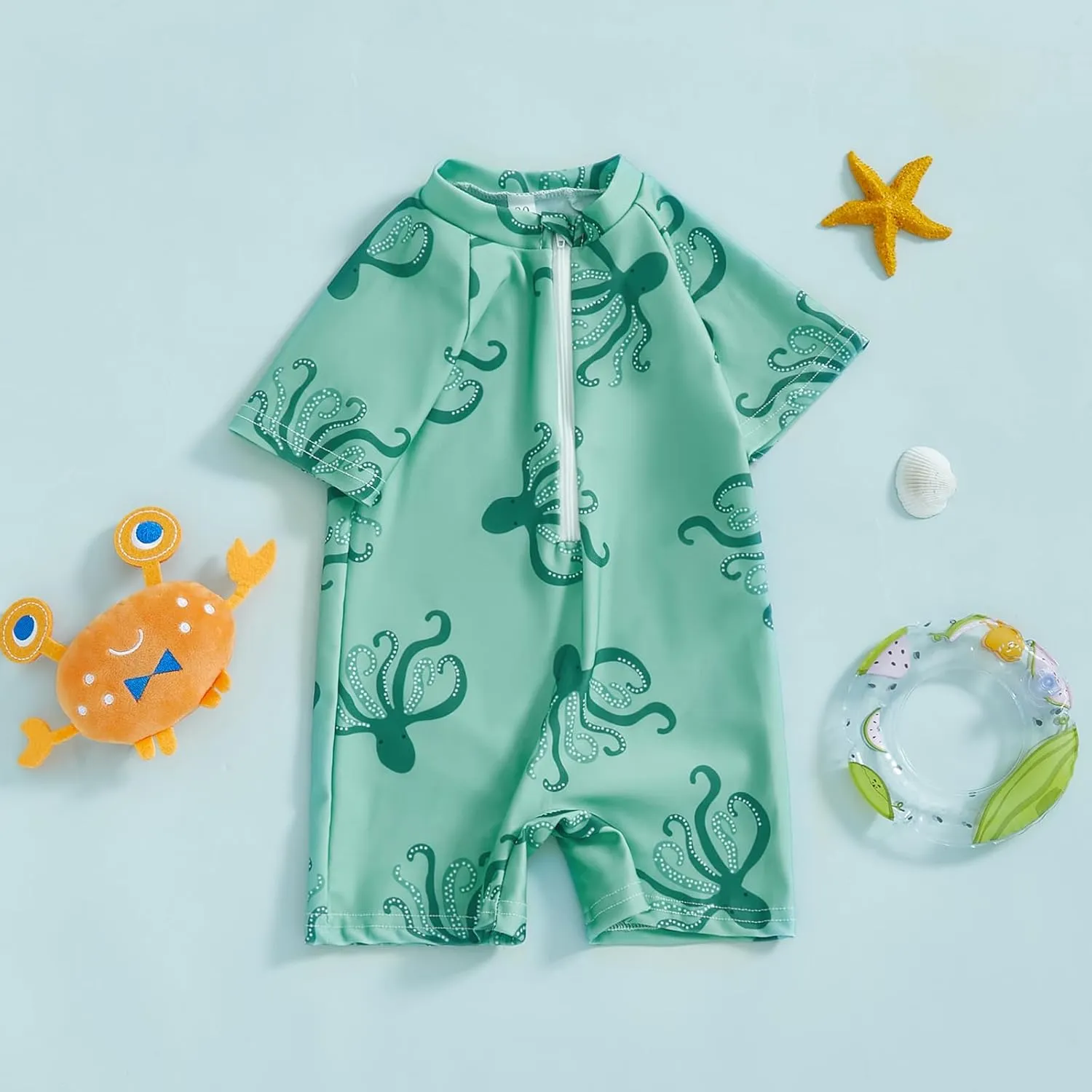 Toddler Baby Boy Swimsuit Turtle/Shark Print Short Sleeve Zip Up Rash Guard Swimwear Infant Summer One-Piece Bathing Suit