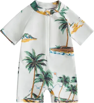 Toddler Baby Boy Swimsuit Turtle/Shark Print Short Sleeve Zip Up Rash Guard Swimwear Infant Summer One-Piece Bathing Suit