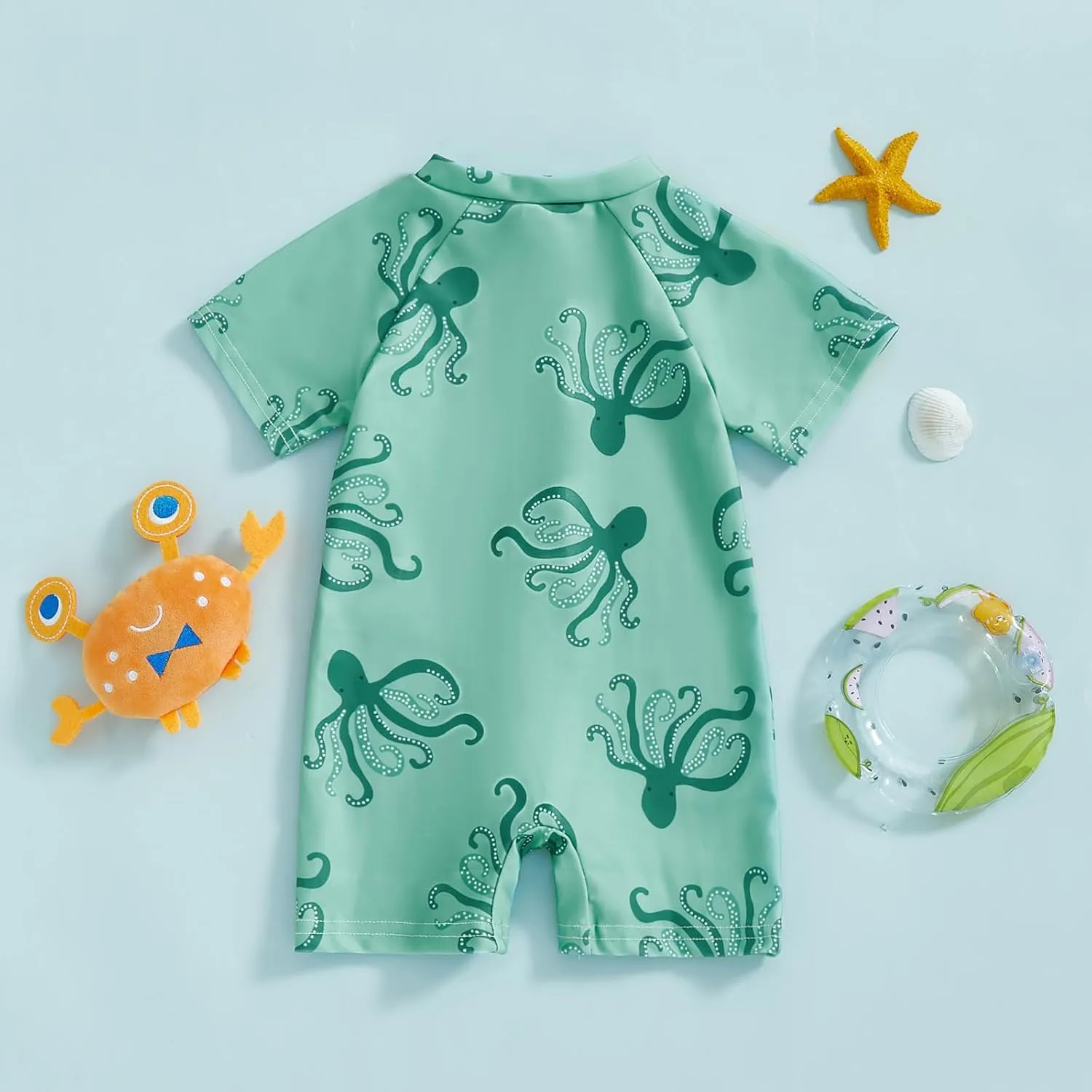 Toddler Baby Boy Swimsuit Turtle/Shark Print Short Sleeve Zip Up Rash Guard Swimwear Infant Summer One-Piece Bathing Suit