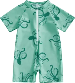Toddler Baby Boy Swimsuit Turtle/Shark Print Short Sleeve Zip Up Rash Guard Swimwear Infant Summer One-Piece Bathing Suit