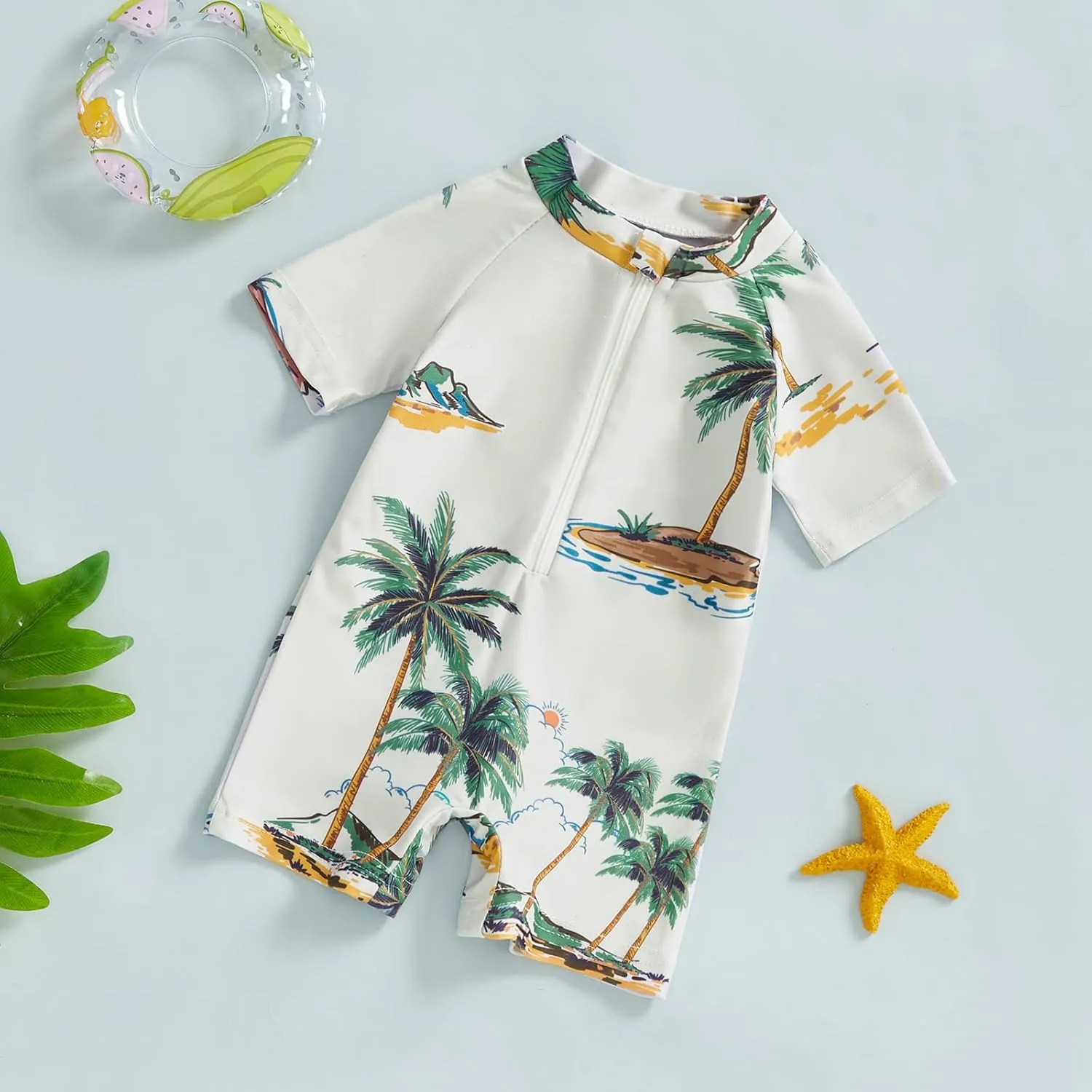 Toddler Baby Boy Swimsuit Turtle/Shark Print Short Sleeve Zip Up Rash Guard Swimwear Infant Summer One-Piece Bathing Suit