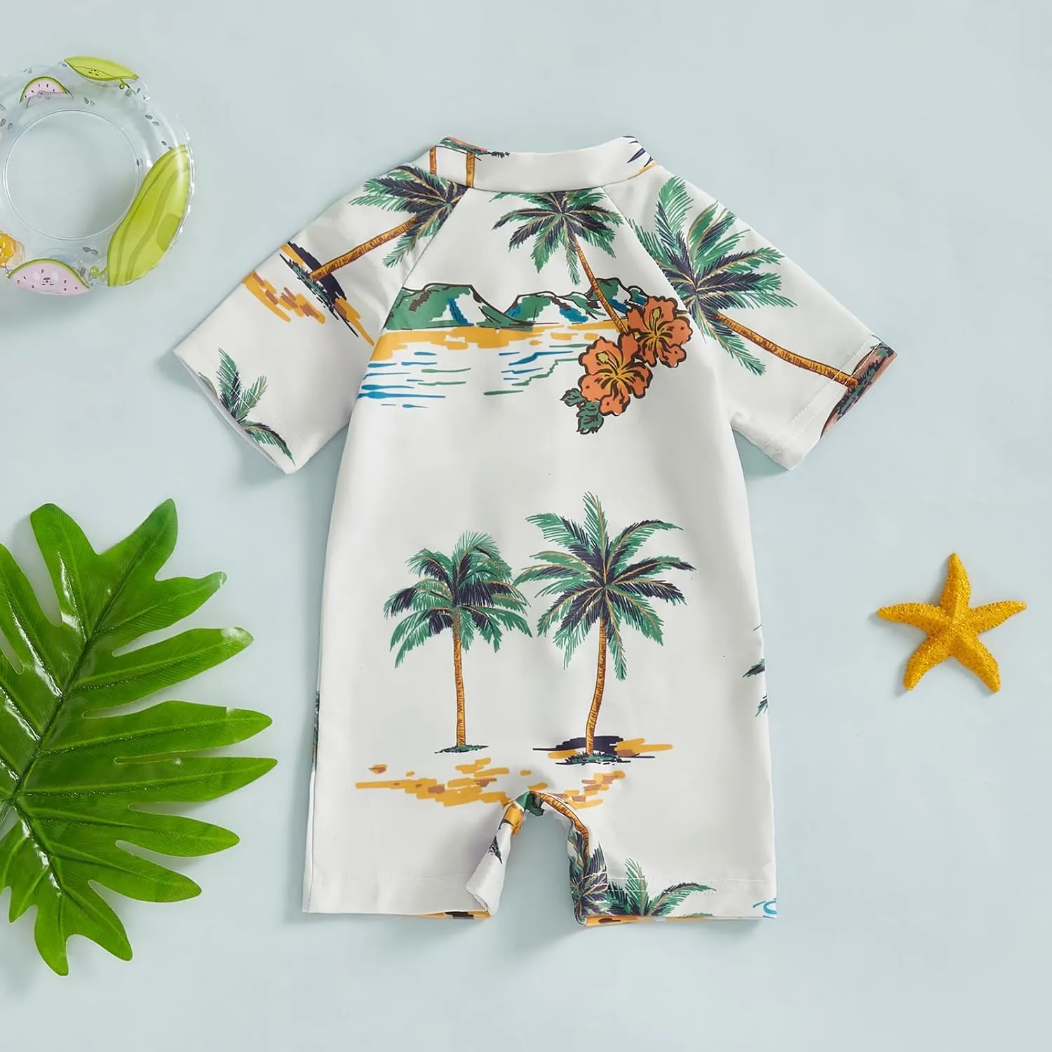 Toddler Baby Boy Swimsuit Turtle/Shark Print Short Sleeve Zip Up Rash Guard Swimwear Infant Summer One-Piece Bathing Suit
