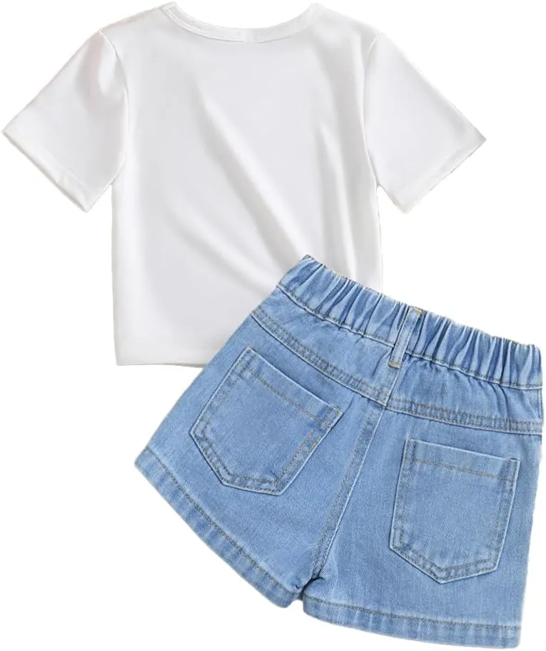 Toddler Girl Clothes Set-Cartoon Graphic Print Girls' Short Sleeves & Jean Shorts-Little Girls Outfits Size (3-7T)