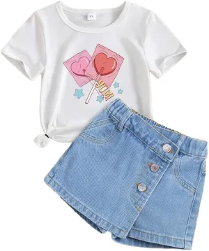Toddler Girl Clothes Set-Cartoon Graphic Print Girls' Short Sleeves & Jean Shorts-Little Girls Outfits Size (3-7T)