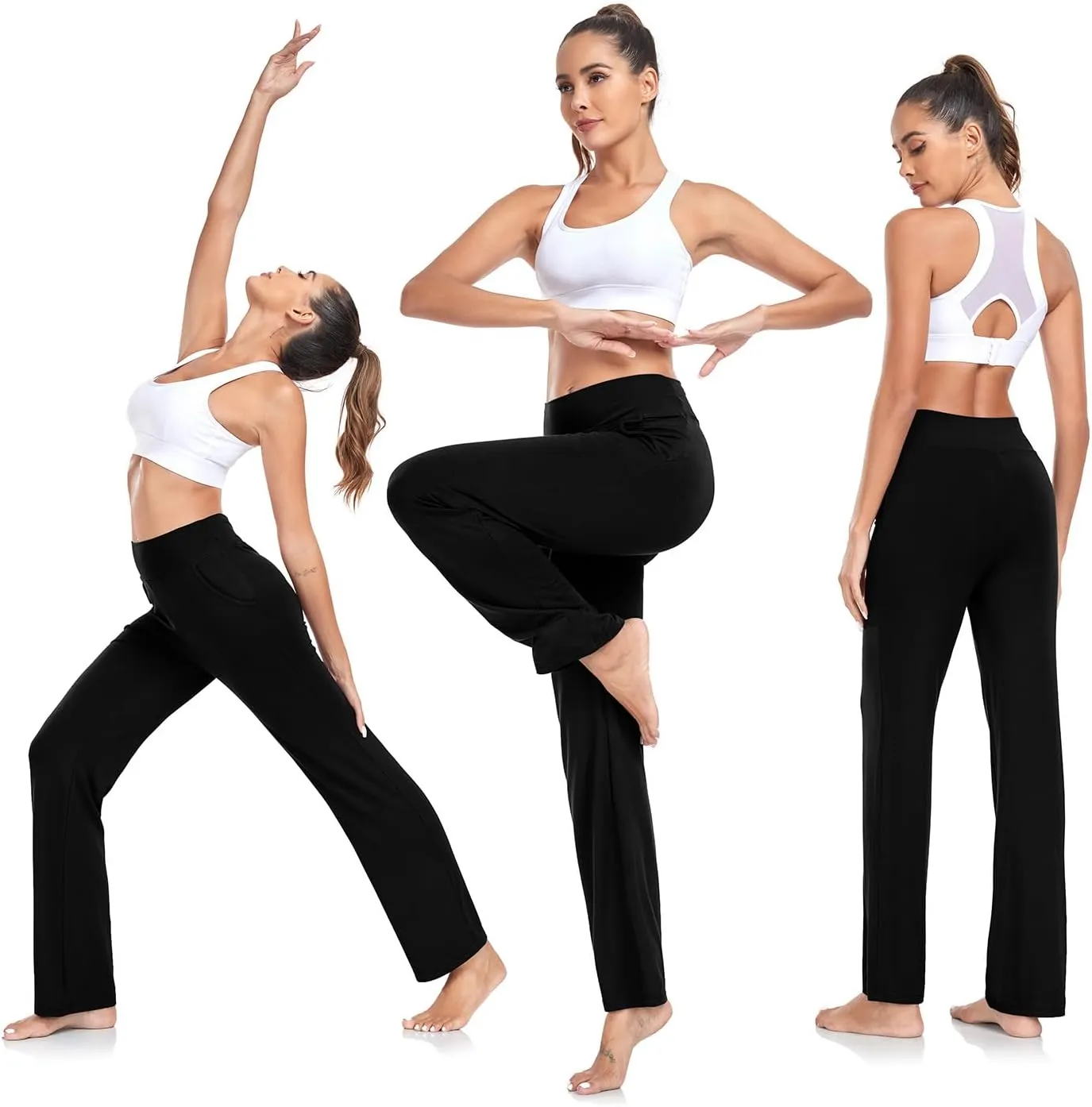 TownCat Womens Yoga Pants with Pockets, High Waist Workout Straight Leg Pants, Womens Soft Gym Stretch Bootcut Pants