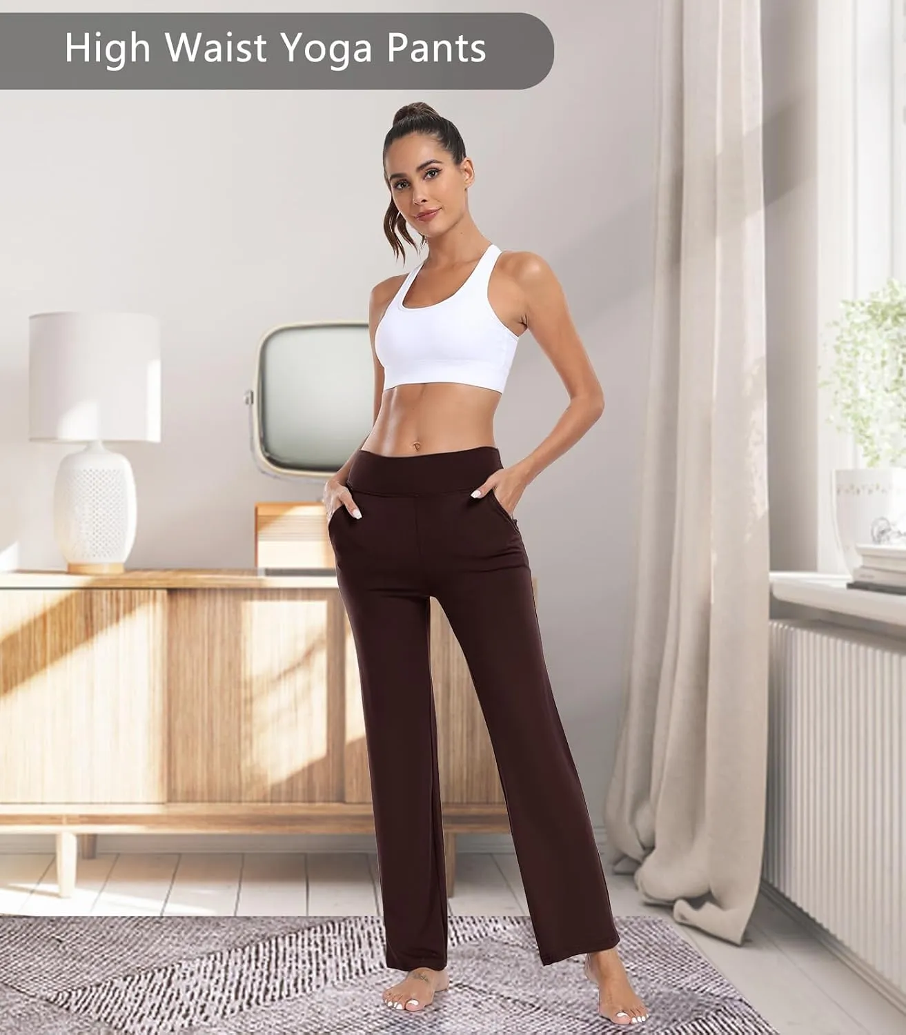 TownCat Womens Yoga Pants with Pockets, High Waist Workout Straight Leg Pants, Womens Soft Gym Stretch Bootcut Pants