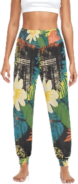 Traditional Hawaiian Style Floral Harem Joggers for Women, Lightweight Pants Women, Womens Beach Wear Womens Summer Pants