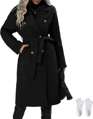 Trench Coat for Women 2024 Long Sleeve Coat Classic Double Breasted Fall Winter Work Office Overcoat with Side Pockets