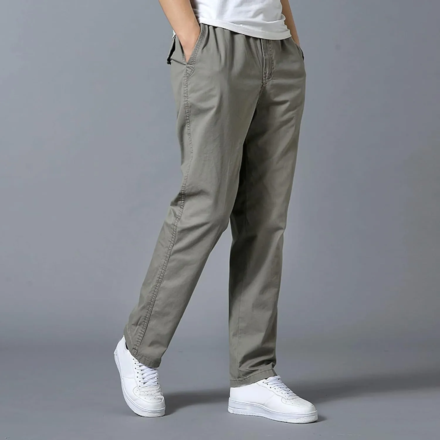 Trendy Solid Color Strech Chino Pants for Men Cotton Soft Lightweight Slim Fit Open Bottom High Waist Cargo Trousers