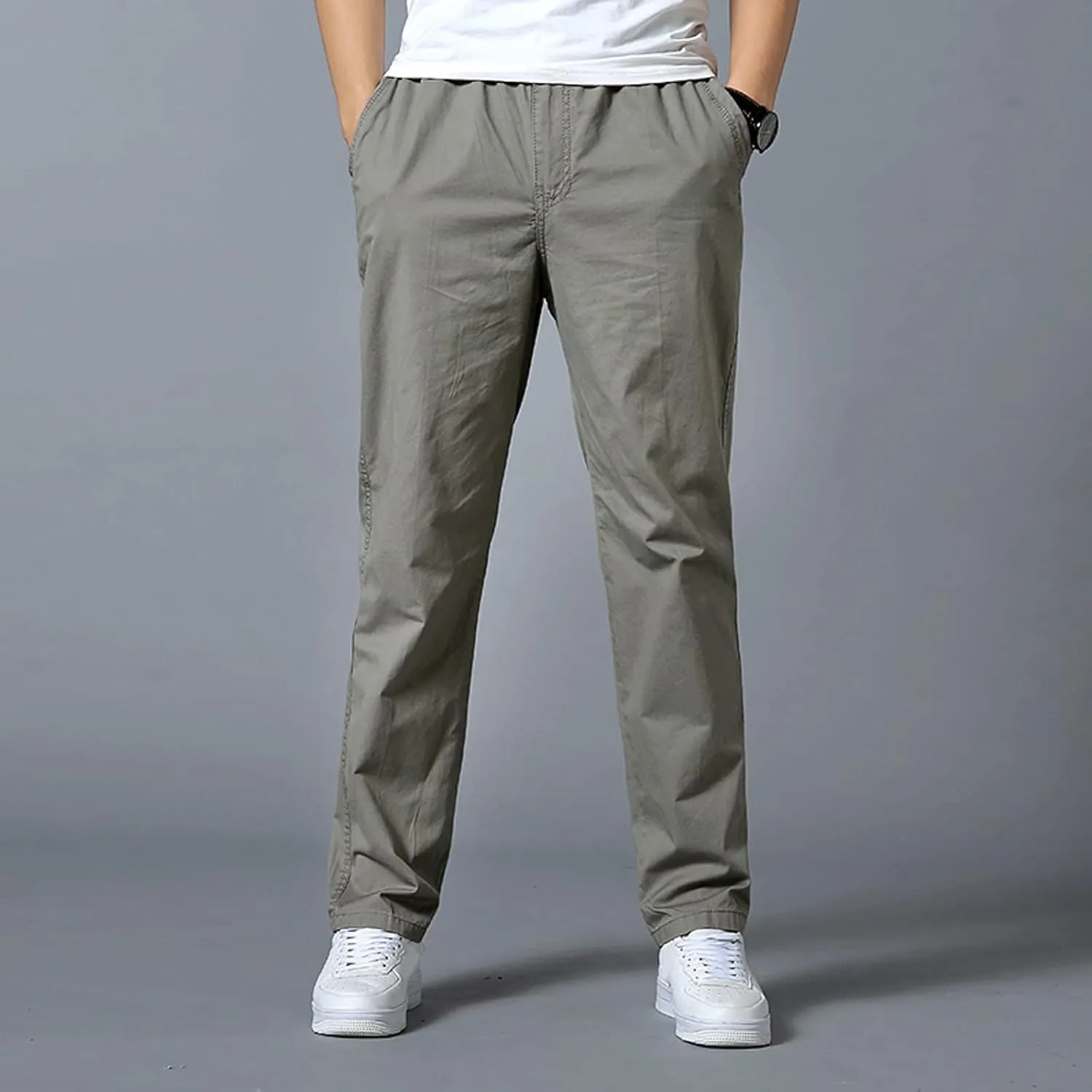 Trendy Solid Color Strech Chino Pants for Men Cotton Soft Lightweight Slim Fit Open Bottom High Waist Cargo Trousers
