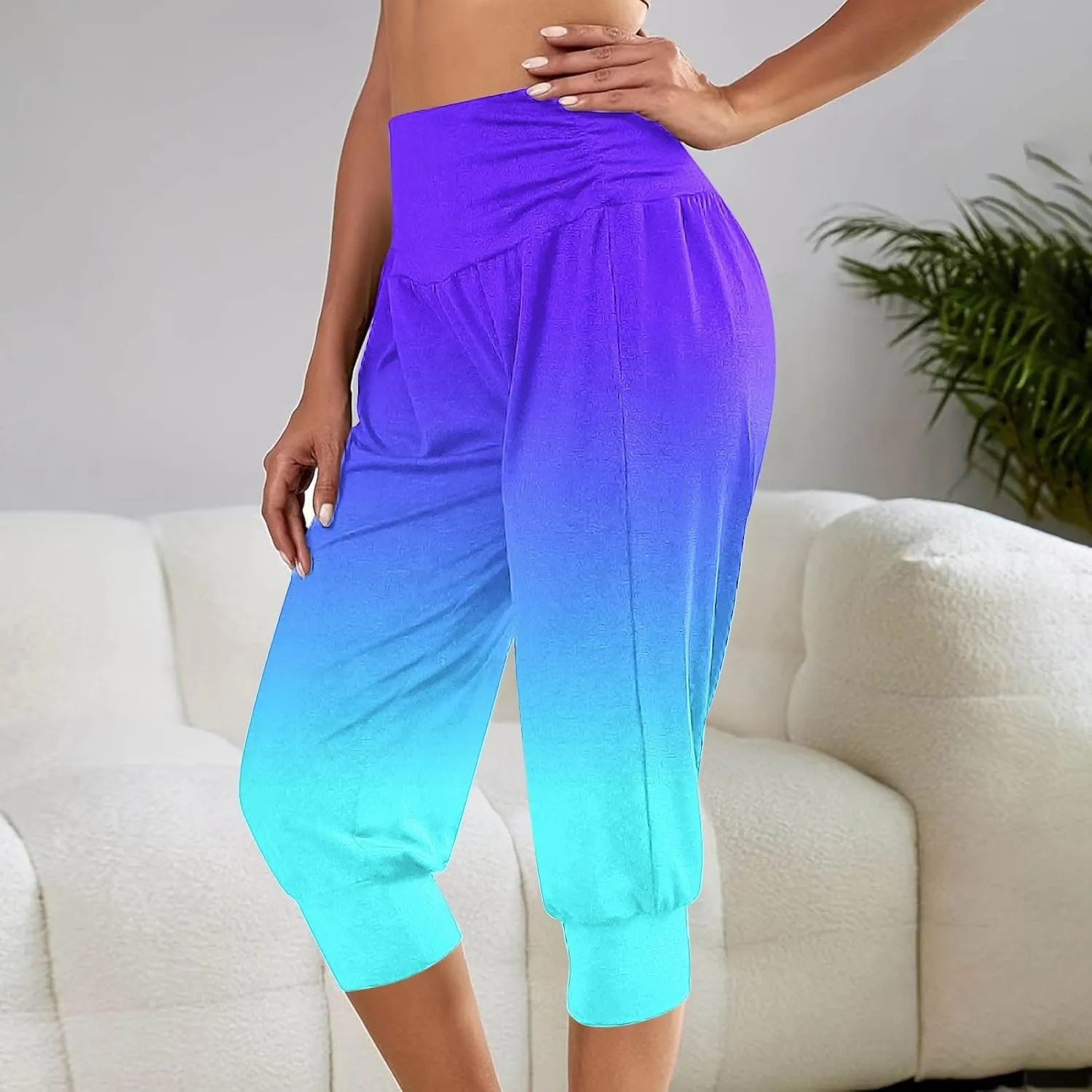 TUNUSKAT Capri Pants for Women Casual Ruched High Waist Cropped Trousers Stretchy Loose Joggers Pants Soft Lounge Sweatpants