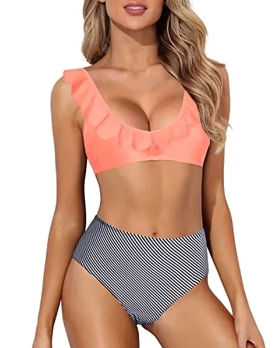 Two Piece Ruffle Bikini Set High Waisted Bathing Suit For Teen Girls-Coral Pink Stripe