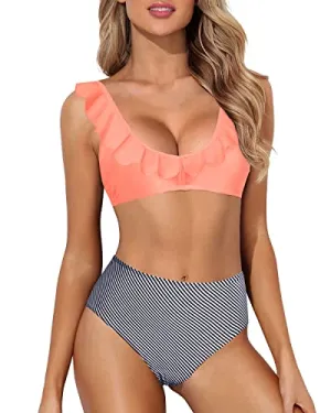 Two Piece Ruffle Bikini Set High Waisted Bathing Suit For Teen Girls-Coral Pink Stripe