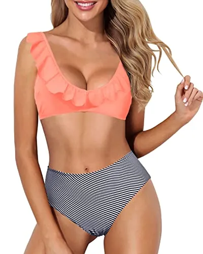 Two Piece Ruffle Bikini Set High Waisted Bathing Suit For Teen Girls-Coral Pink Stripe