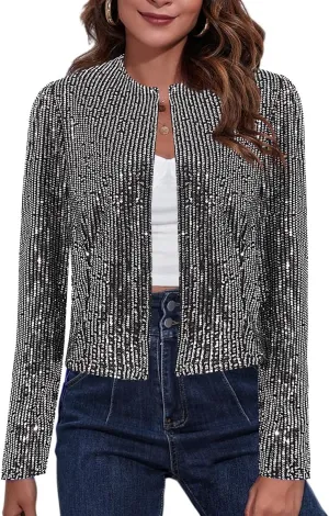 TYNORA Womens Sequin Jackets Long Sleeve Open Front Coat Glitter Short Blazer Casual Coat Party Club