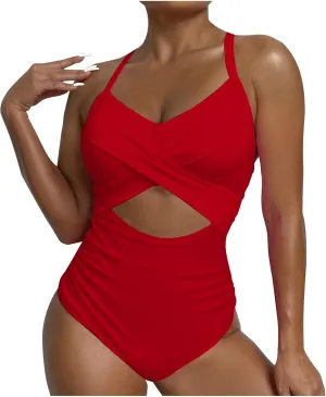 Uillui Women One Piece Swimsuit Tummy Control High Cut Slimming Bathing Suit Sexy Vneck Twist Front Cutout Monikini Swimwear