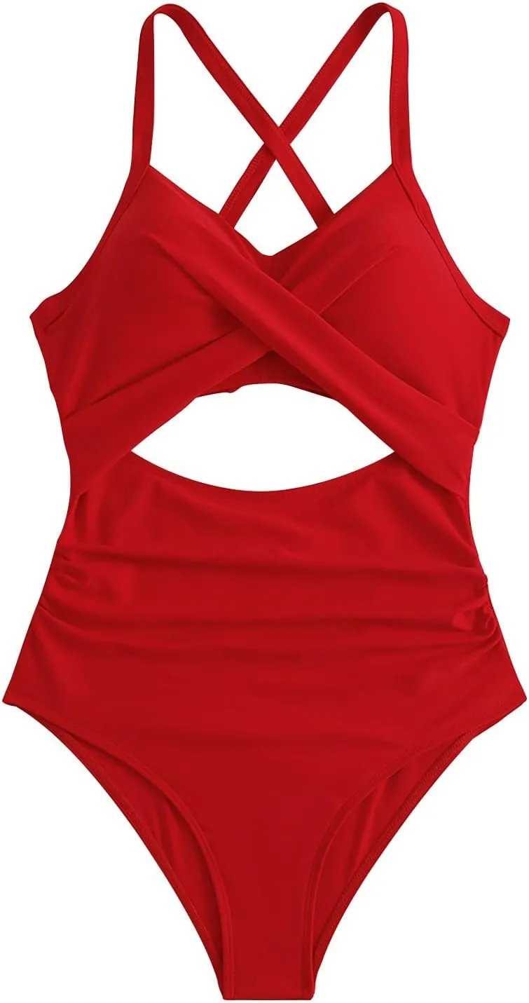 Uillui Women One Piece Swimsuit Tummy Control High Cut Slimming Bathing Suit Sexy Vneck Twist Front Cutout Monikini Swimwear