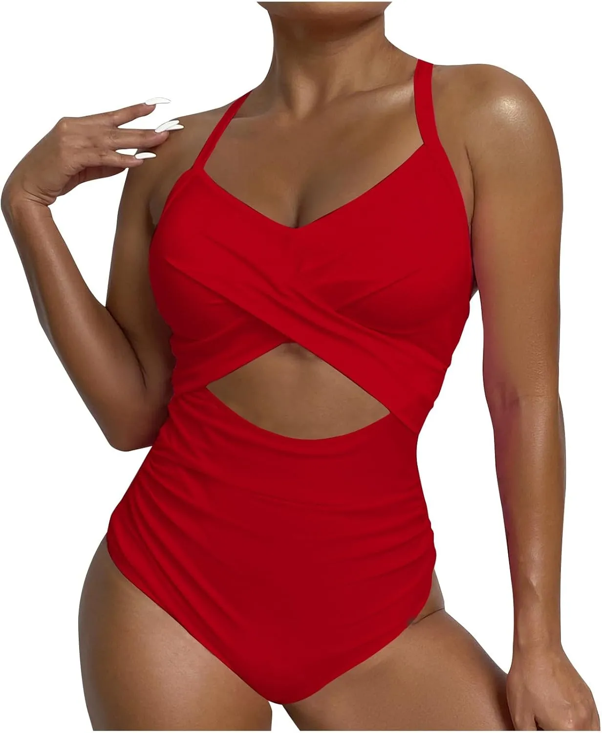 Uillui Women One Piece Swimsuit Tummy Control High Cut Slimming Bathing Suit Sexy Vneck Twist Front Cutout Monikini Swimwear