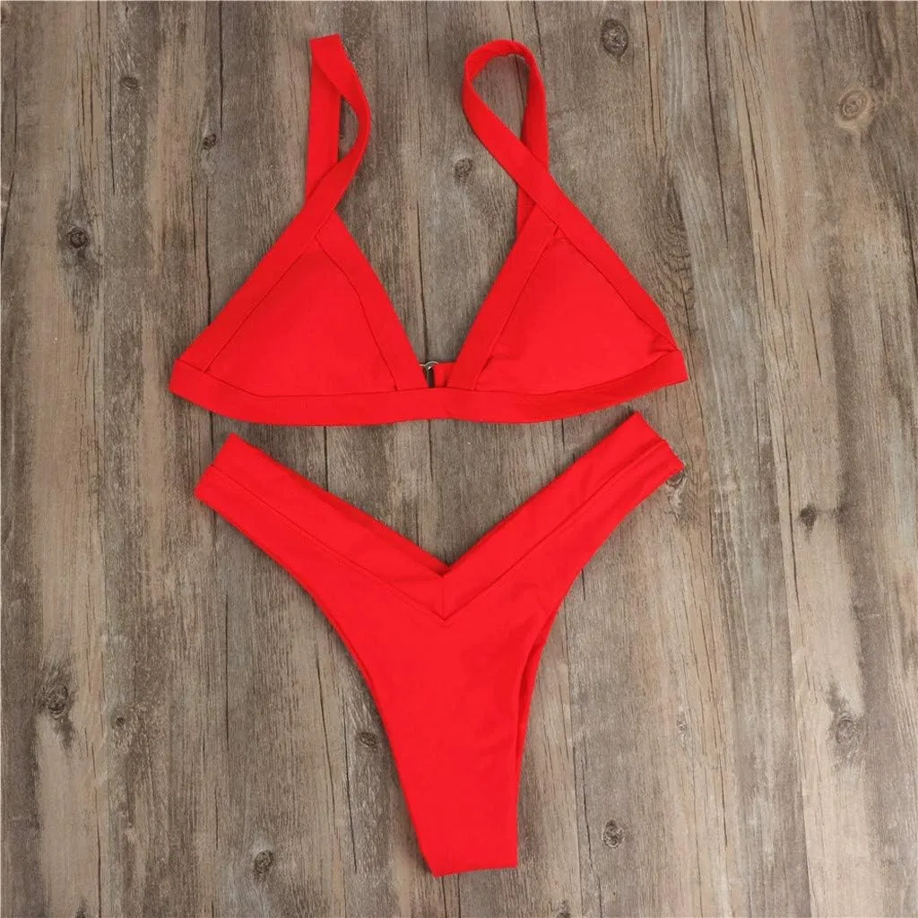 Uillui Women Two Piece Thong Bikini Set Sexy Triangle String Swimsuit Cheeky High Waist V Cut Brazilian Bikini Bathing Suits