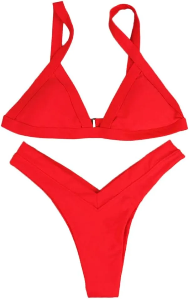 Uillui Women Two Piece Thong Bikini Set Sexy Triangle String Swimsuit Cheeky High Waist V Cut Brazilian Bikini Bathing Suits