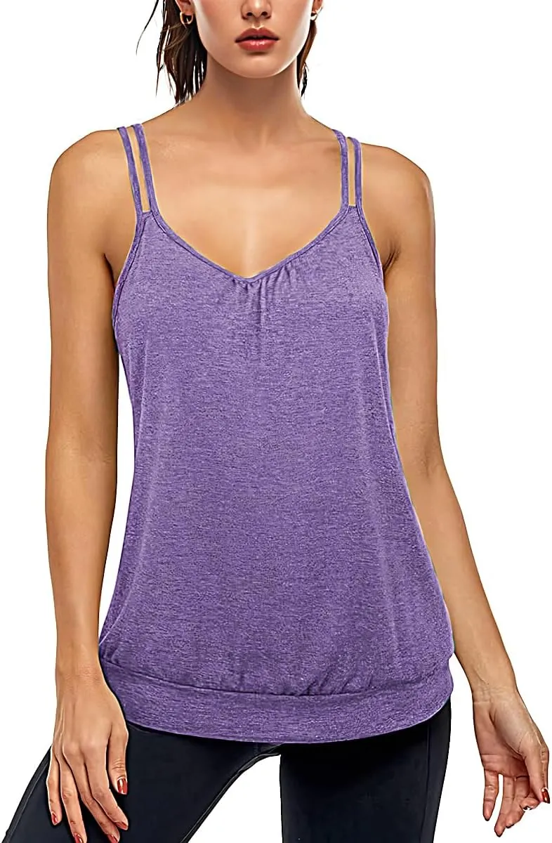 V Neck Tops for Women Racerback Loose fit Tank Tops Double Spaghetti Strap Athletic Yoga Camisole with Baned Bottom