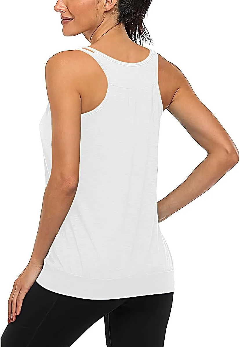 V Neck Tops for Women Racerback Loose fit Tank Tops Double Spaghetti Strap Athletic Yoga Camisole with Baned Bottom