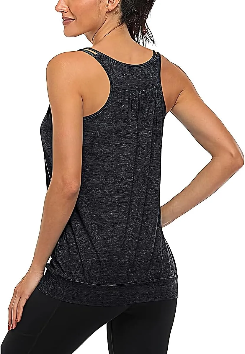 V Neck Tops for Women Racerback Loose fit Tank Tops Double Spaghetti Strap Athletic Yoga Camisole with Baned Bottom