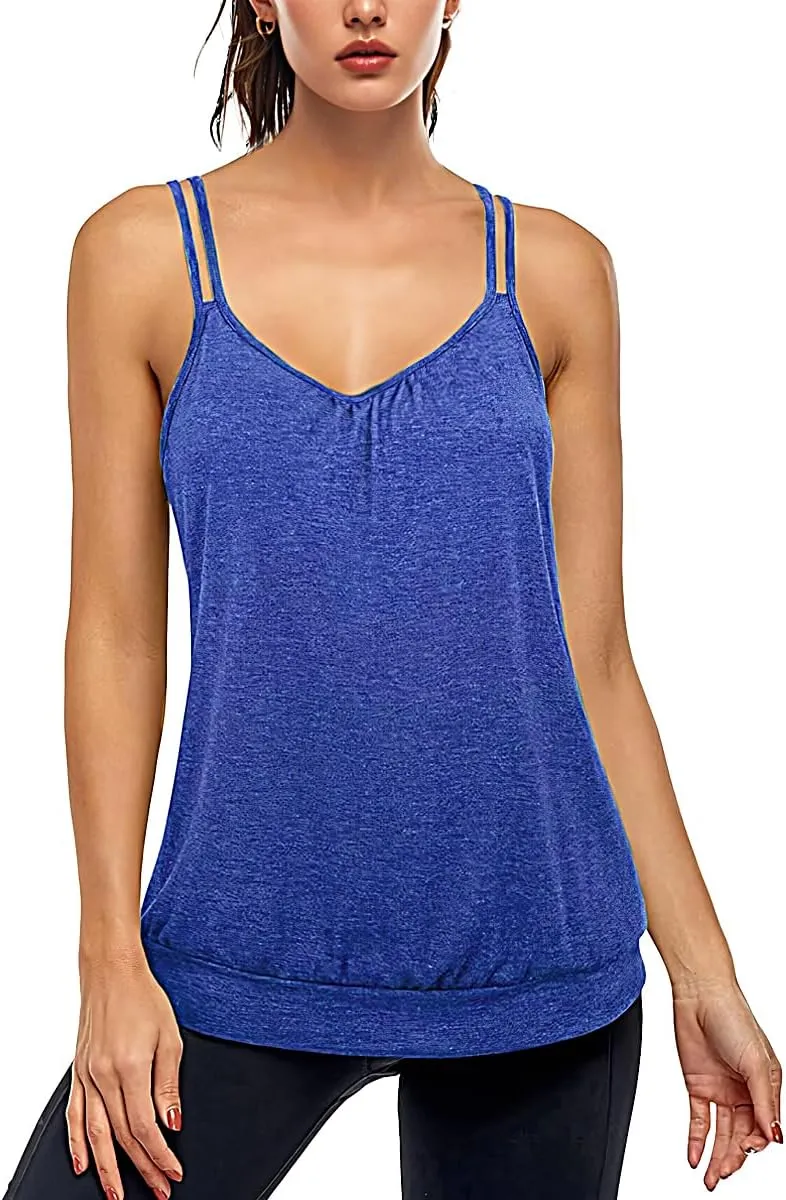 V Neck Tops for Women Racerback Loose fit Tank Tops Double Spaghetti Strap Athletic Yoga Camisole with Baned Bottom