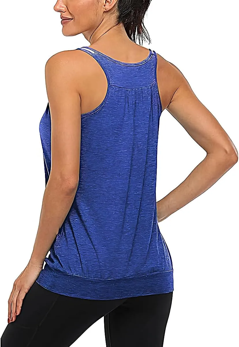 V Neck Tops for Women Racerback Loose fit Tank Tops Double Spaghetti Strap Athletic Yoga Camisole with Baned Bottom